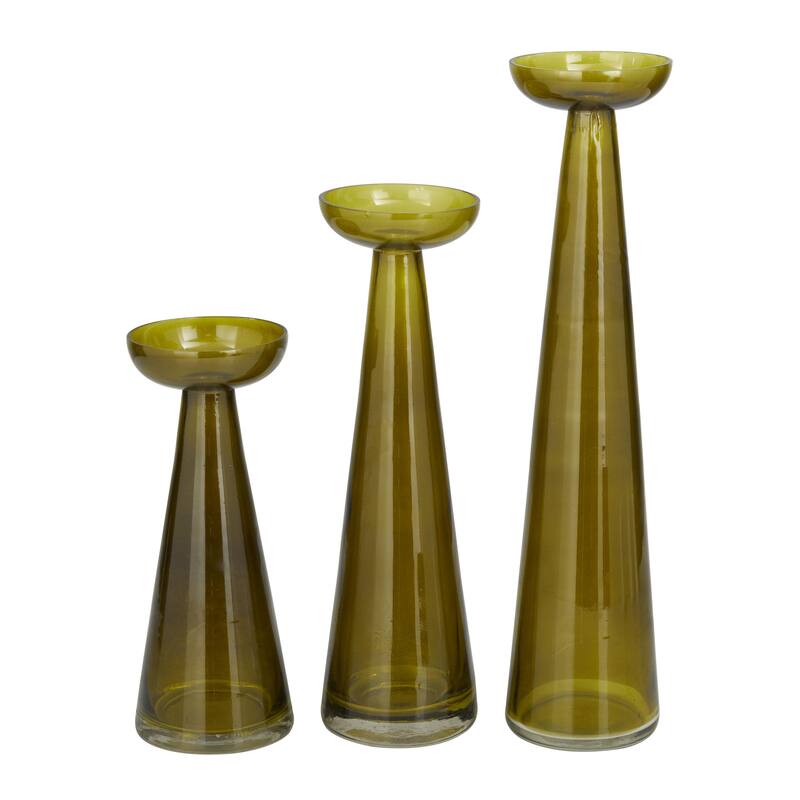 Glass Tapered Cone Candle Holder with Rounded Candle Plates - Set of 3 Green, Gold, Clear - Roche River Decor