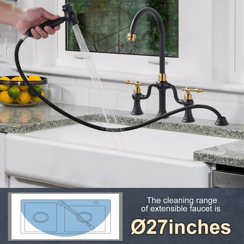 WOWOW Double Handle High Arc Bridge Kitchen Faucet with Side Sprayer