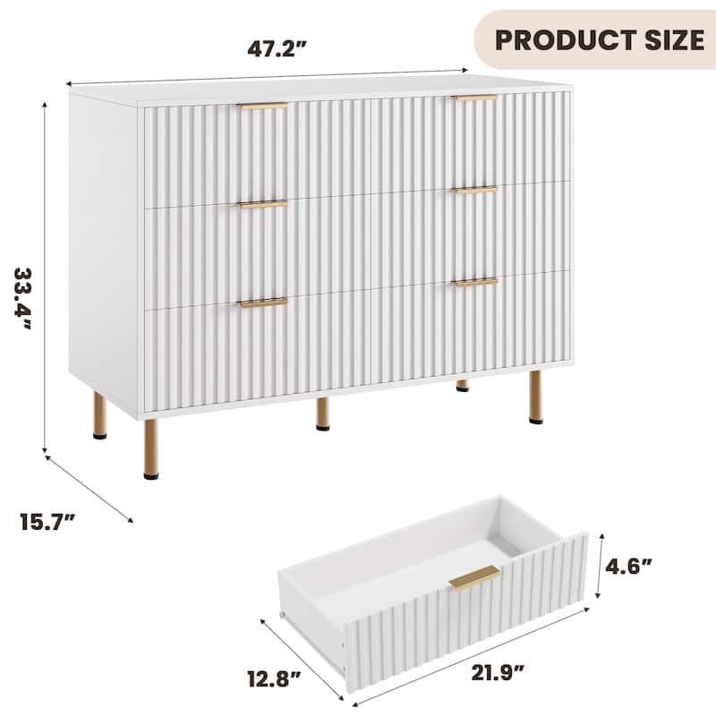 6 Drawer Fluted Dresser for Bedroom, Wide Modern Chest of Drawers, Long Double Dresser