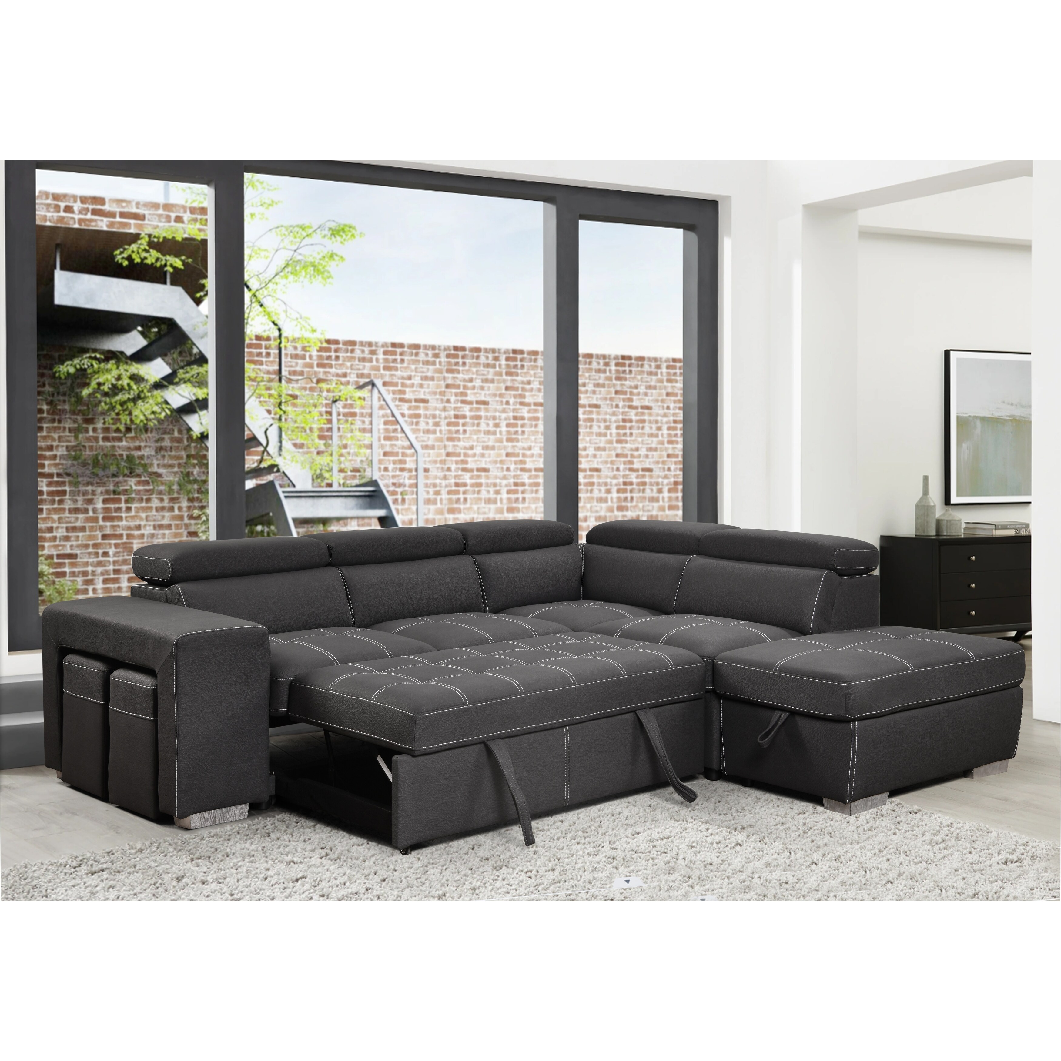 Copper grove ajibade sleeper sectional sofa clearance with storage ottoman and 2 stools