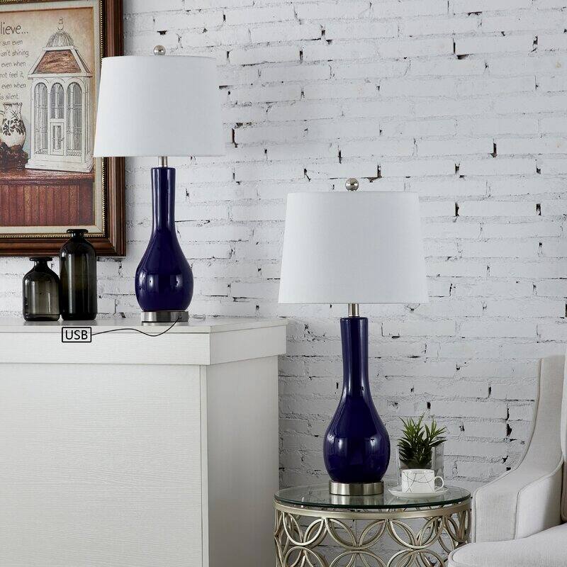 28.5" Ceramic Table Lamp Set with USB (Set of 2) - Deep Blue