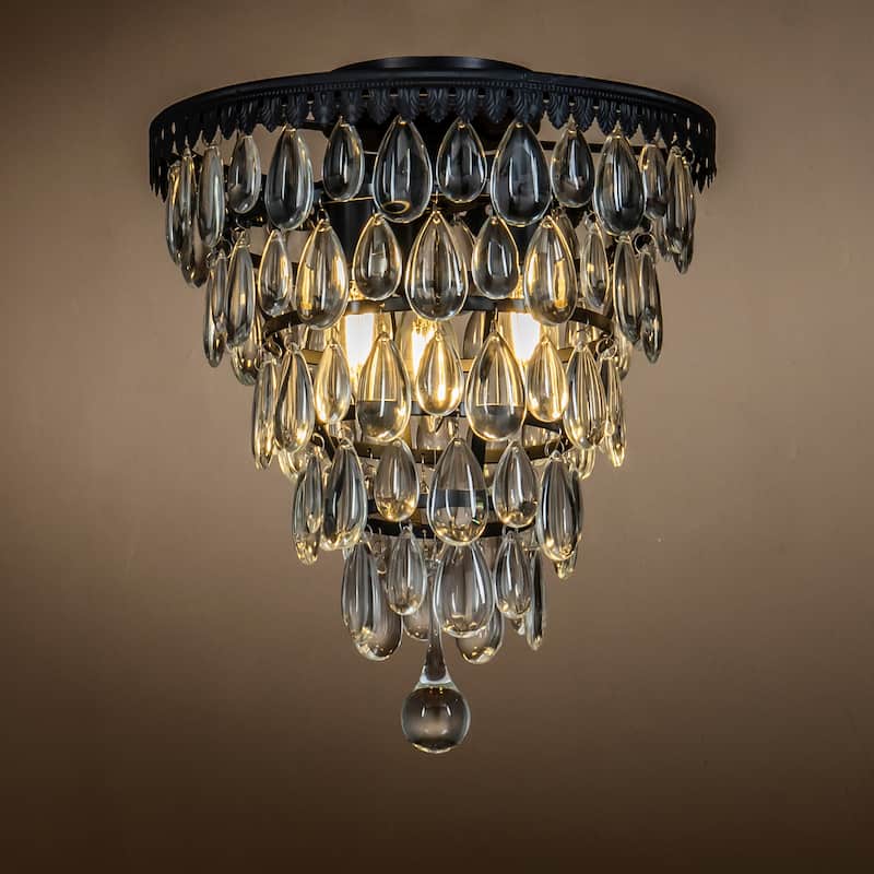 CraftHome Interior 3-Lights Antique Brass/Matte Black Teardrop Glass Flush Mount 12" Tiered Ceiling light - W12‘’ - Matte Black
