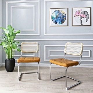 Modern Dining Chairs, Upholstered Faux Leather Dining Chairs Set of 2, Armless Mesh Back Cane Chairs with Metal Chrome Legs