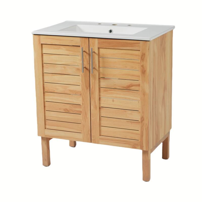 Roomfitters 30" Antique Bathroom Vanity with Ceramic Sink, Mid-Century Cabinet with Soft-Close Doors, Antique Natural