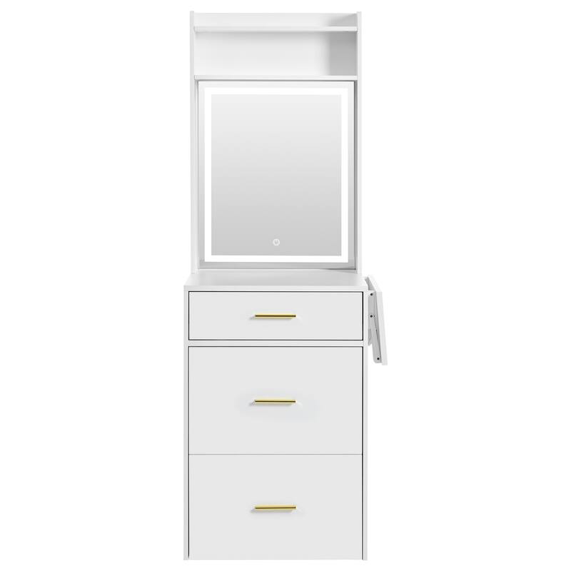 Small Vanity Desk with Mirror and Light, Makeup Table with Fold-up Panel, 3 in 1 Vanity Set with Hidden Stool