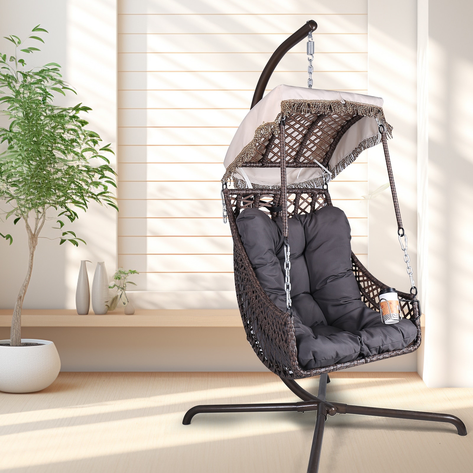 Curved Lounge Cradle with Stand Swing Egg Chair Hanging Chair Hammock Chair with Flowing Fringe Sunshade and Cup Holder Bed Bath Beyond 40278541