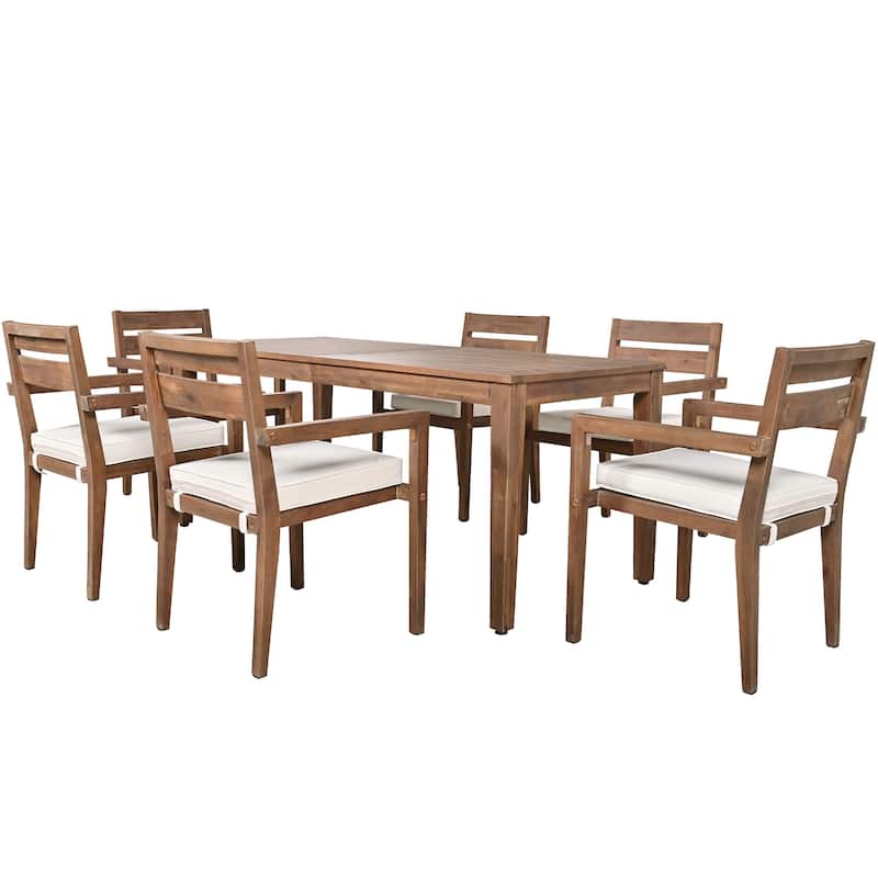 7 Pieces Acacia Wood Outdoor Dining Set with Cushions,Modern 6 Chairs and 1 Large Table, Dining Furniture Set