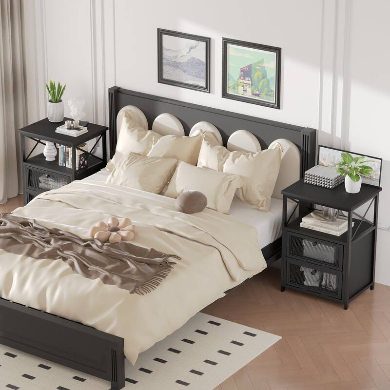 VECELO Modern End Table with 3-tier Storage Shelves, Nightstands with Charging Station(Nightstand Set of 2)