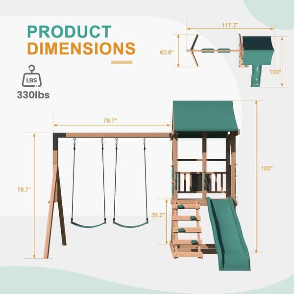 EROMMY 4-in-1 Wooden Swing Set – Backyard Playset w/ Slide, Climbing Wall, 2 Swings & Blackboard | Safe Outdoor Fun for Kids