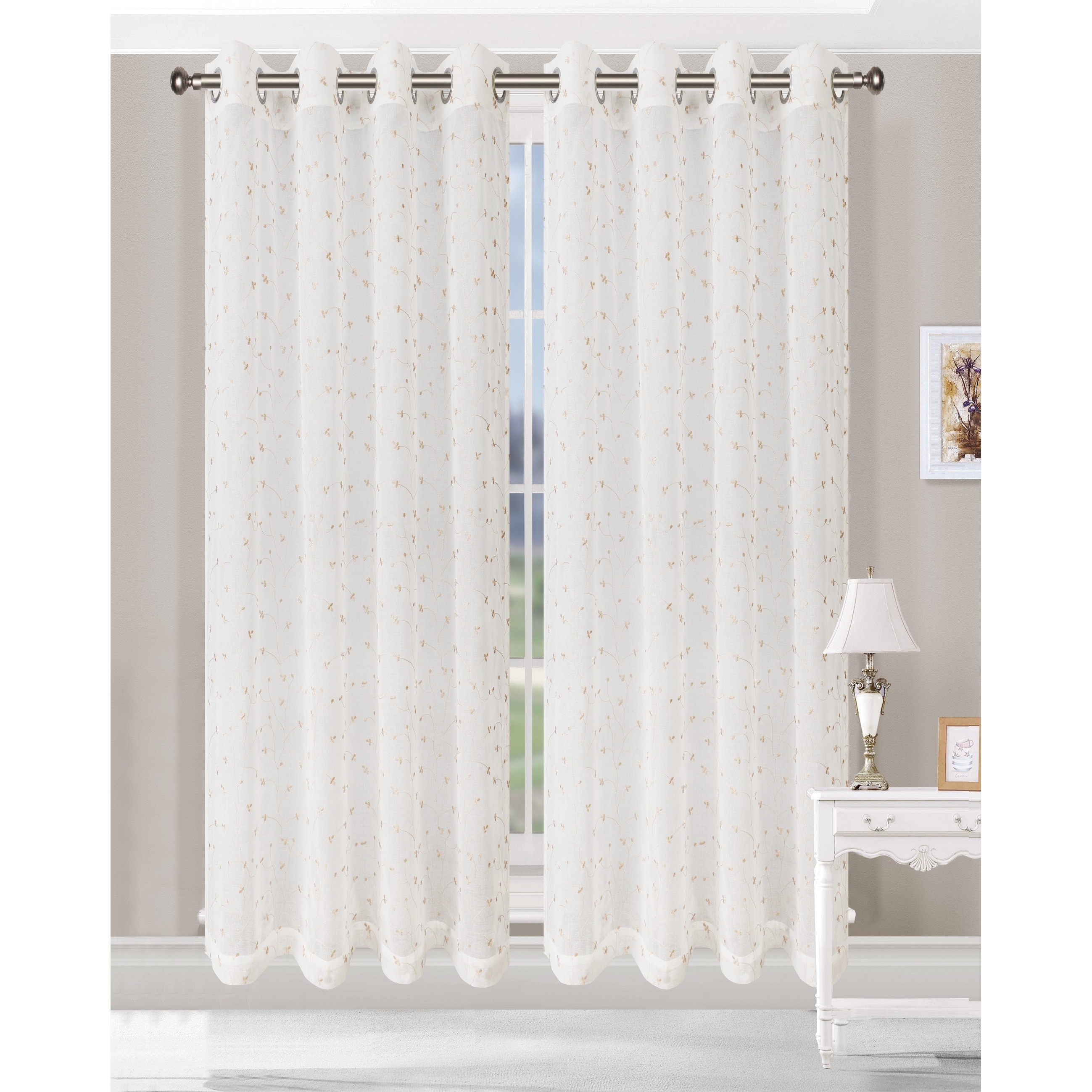 Superior Embroidered Delicate Flower Sheer Grommet Curtain Panel - (Set of 2)