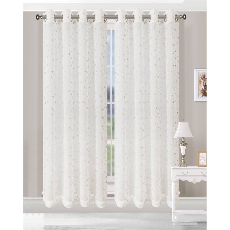 Superior Embroidered Delicate Flower Sheer Grommet Curtain Panel - (Set of 2) - 52x96 - Champagne