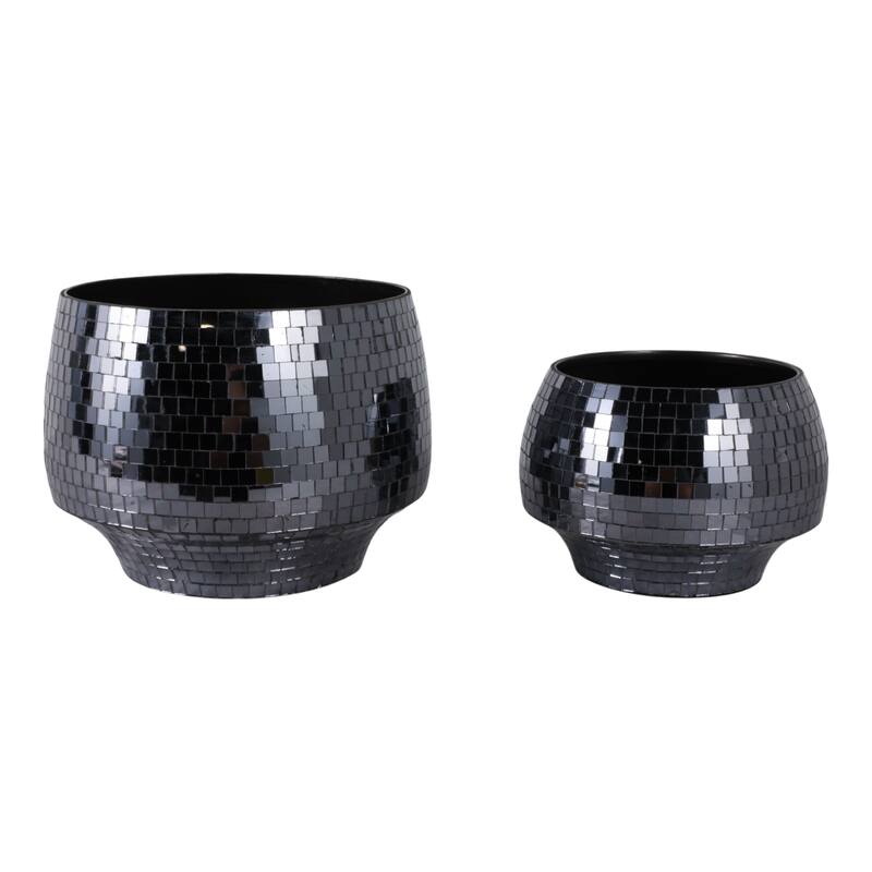 Metal Planters Mirrored Mosaic Surface Modern Accent Home (Set of 2)