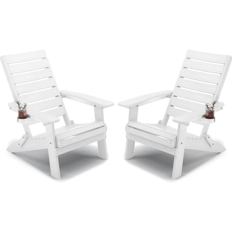 WINSOON HIPS All Weather Folding Adirondack Chairs with Arc Back & Cup Holder Set Of 2 - White