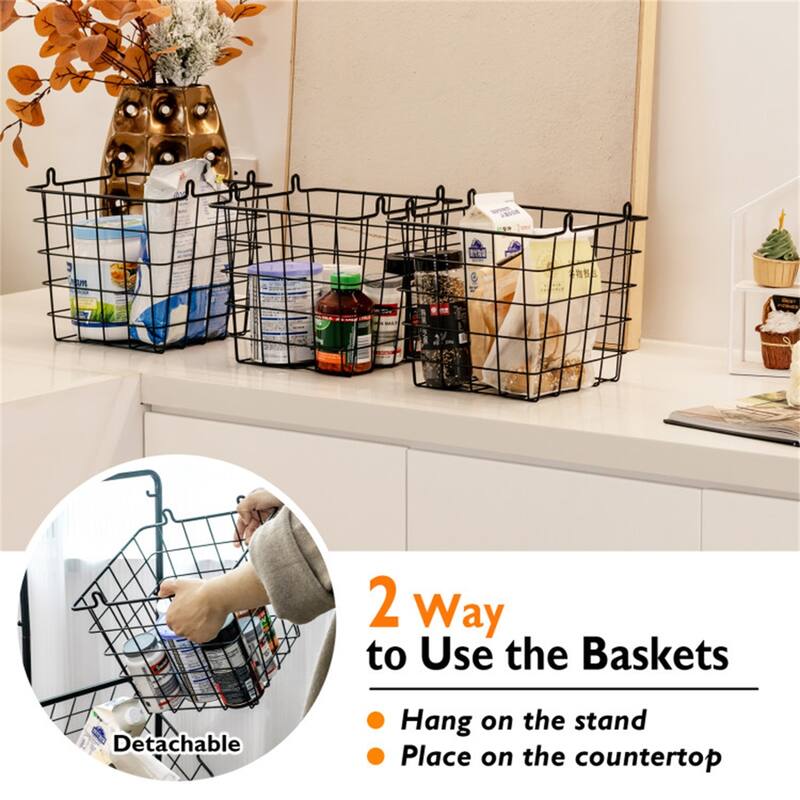 3-Tier Black Steel Kitchen Counter Fruit Basket Stand with Removable Wire Baskets - 12" x 11" x 42.5"(L x W x H)