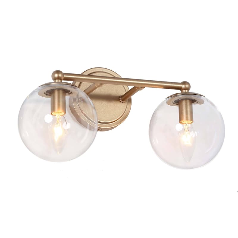 Mid-Century Modern Gold 2-Light Bathroom Vanity Lights Globe Glass Orb Wall Sconces - L 15"x W 8"x H 8"