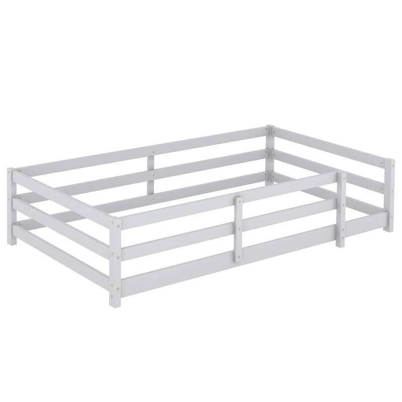 Twin Size Pine Wood Fenced Floor Panel Bed for Kids with No Box Spring Needed and Easy Assembly