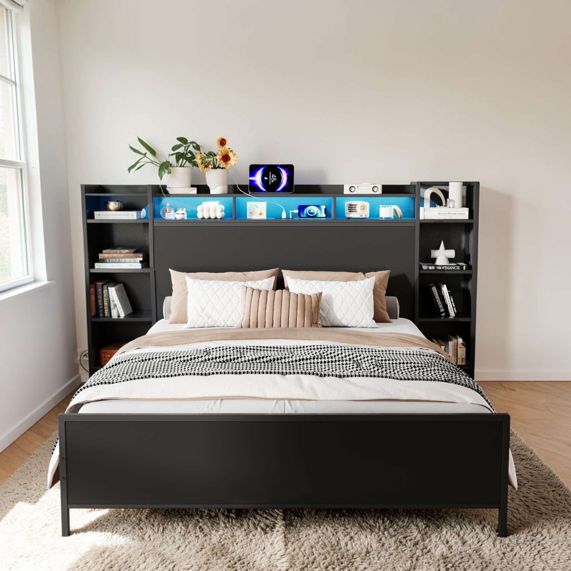 Metal Platform Bed Frame with Storage Headboard, USB Charging Station and LED Lights