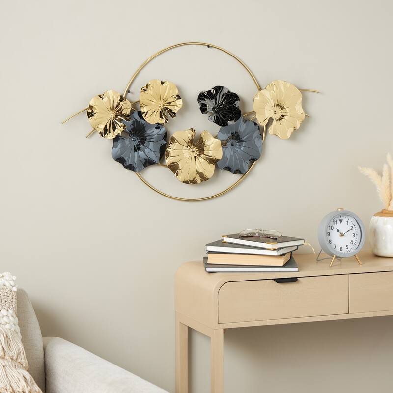 Gold Stainless Steel Metal Floral Home Wall Decor with Circular Frame and Black Accents - Gold