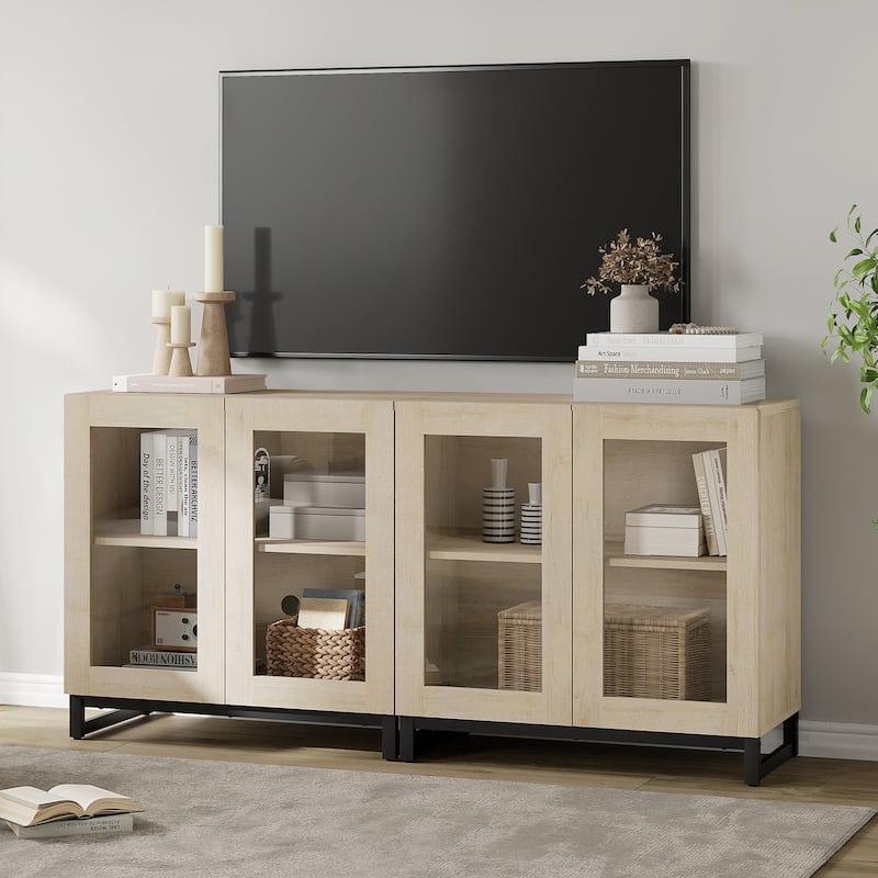 WAMPAT Modern TV Stand with Glass Doors for 110 inch TVs, Entertainment Center Console with Adjustable Shelves and Metal Base - 3PCS - Beige