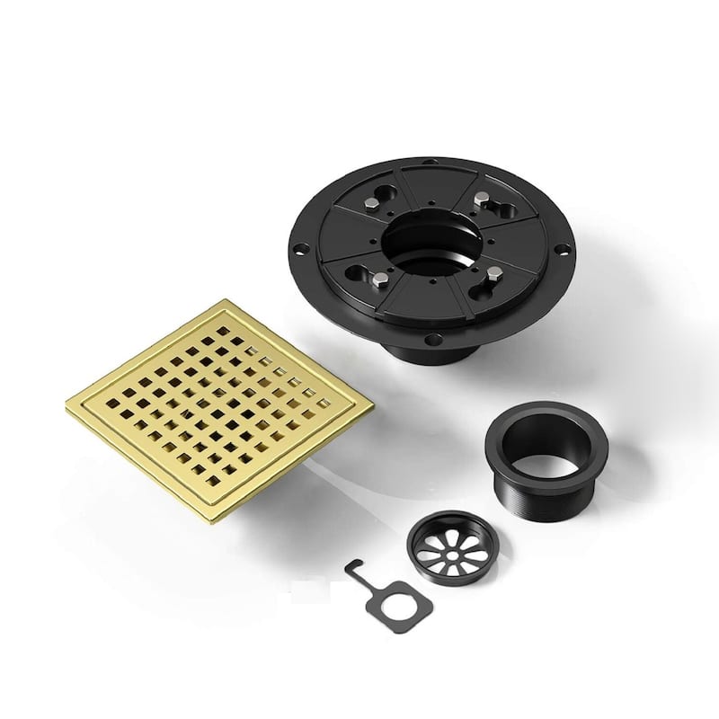 6" Square Shower Floor Drain - Brushed Gold