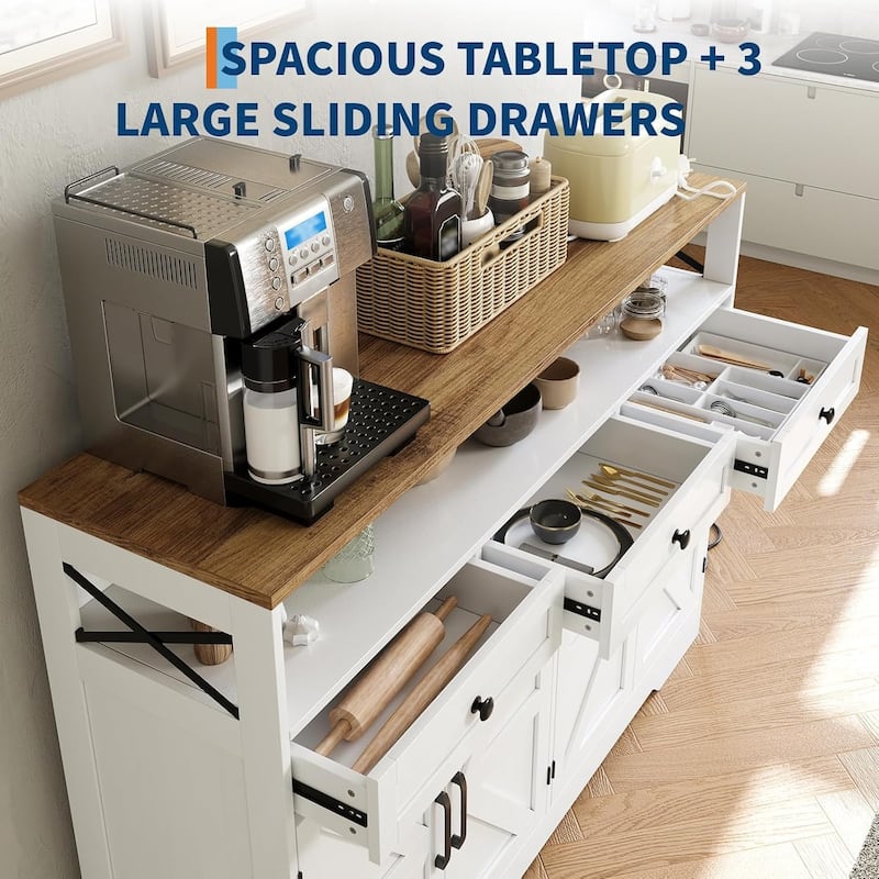 51" White Farmhouse Sideboard with Built-in Charging Station, Shelves and Drawers, White