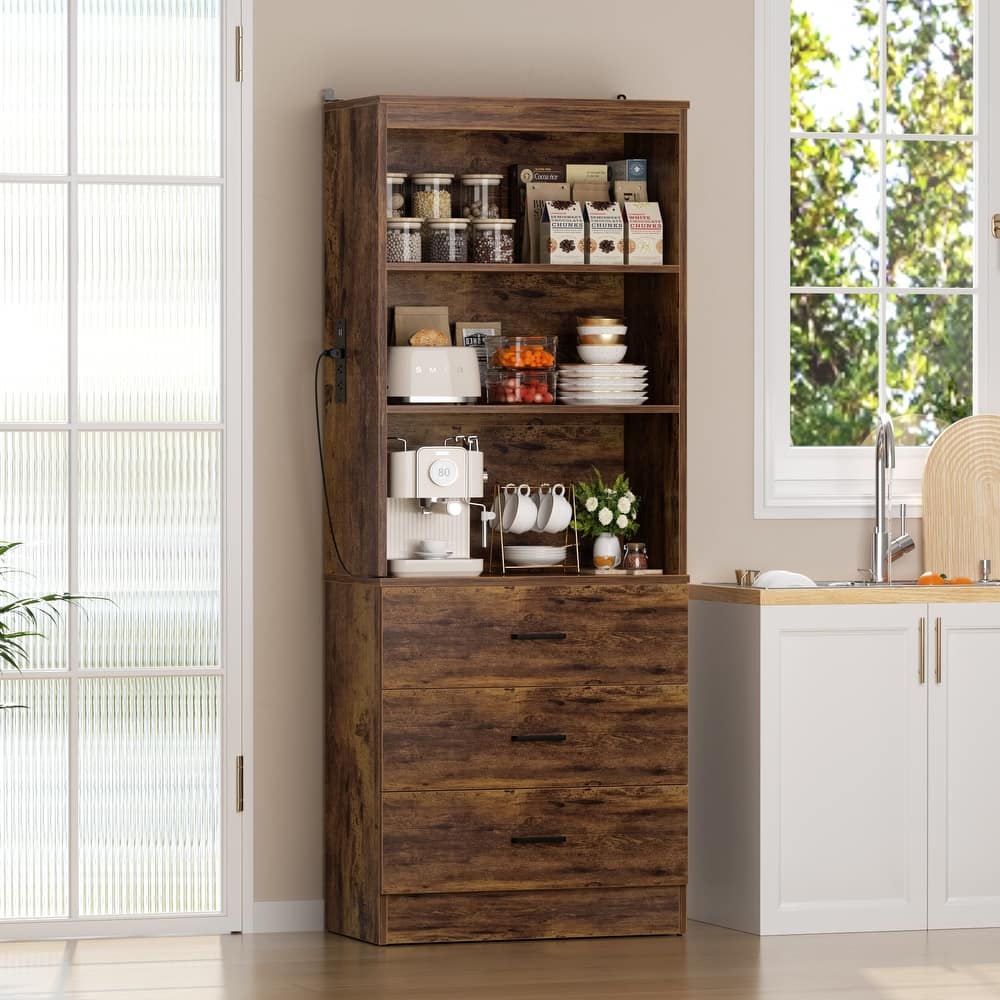 Tall Buffet Sideboard with Charging Station, Storage Pantry Organizer with Drawers and Shelves