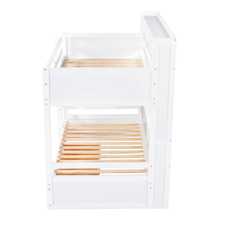 Twin Size Bunk Bed with Built-in Shelves and Storage Drawer, White