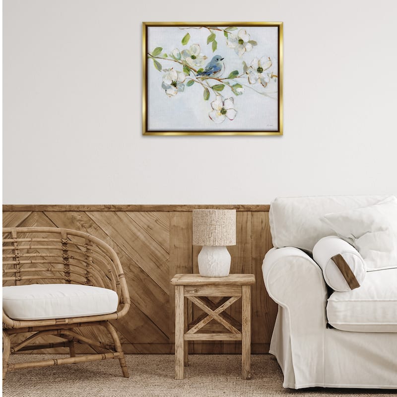 Stupell Bird Perched on Dogwood Framed Floater Canvas Wall Art Design By Sally Swatland