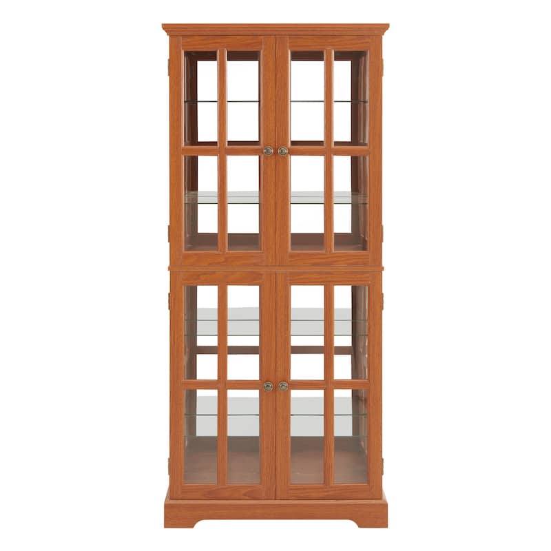 Curio Cabinet with Glass Doors, Lighted Display Cabinet with Adjustable Shelves & Mirrored Back, Wooden Accent Storage Cabinet