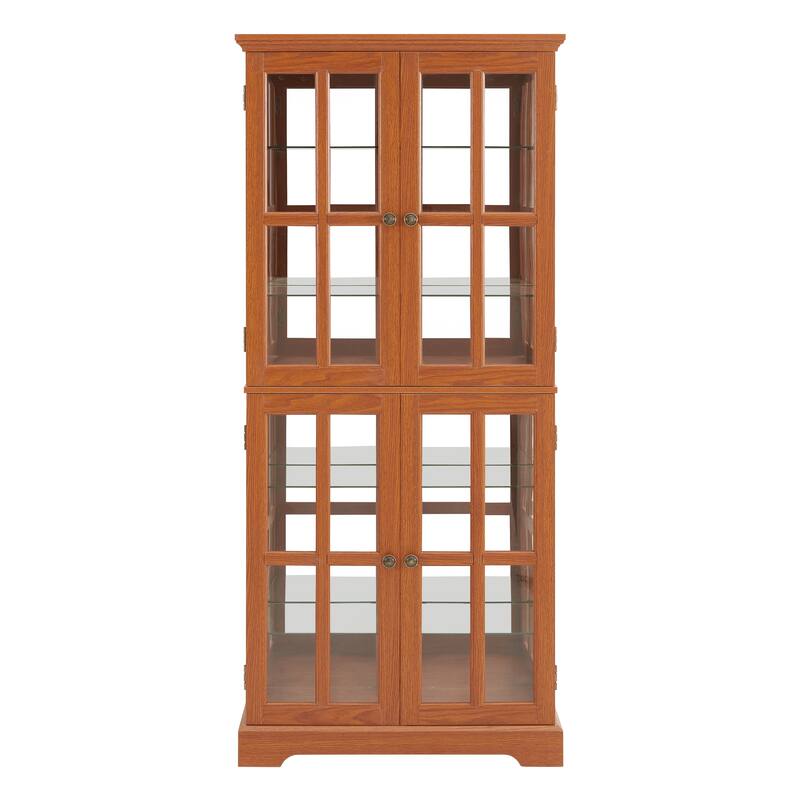 Lighted Curio Display Cabinet, Accent Cabinet with Mirrored Back Pane, Display Cabinet with 4 Glass Doors & Adjustable Shelves