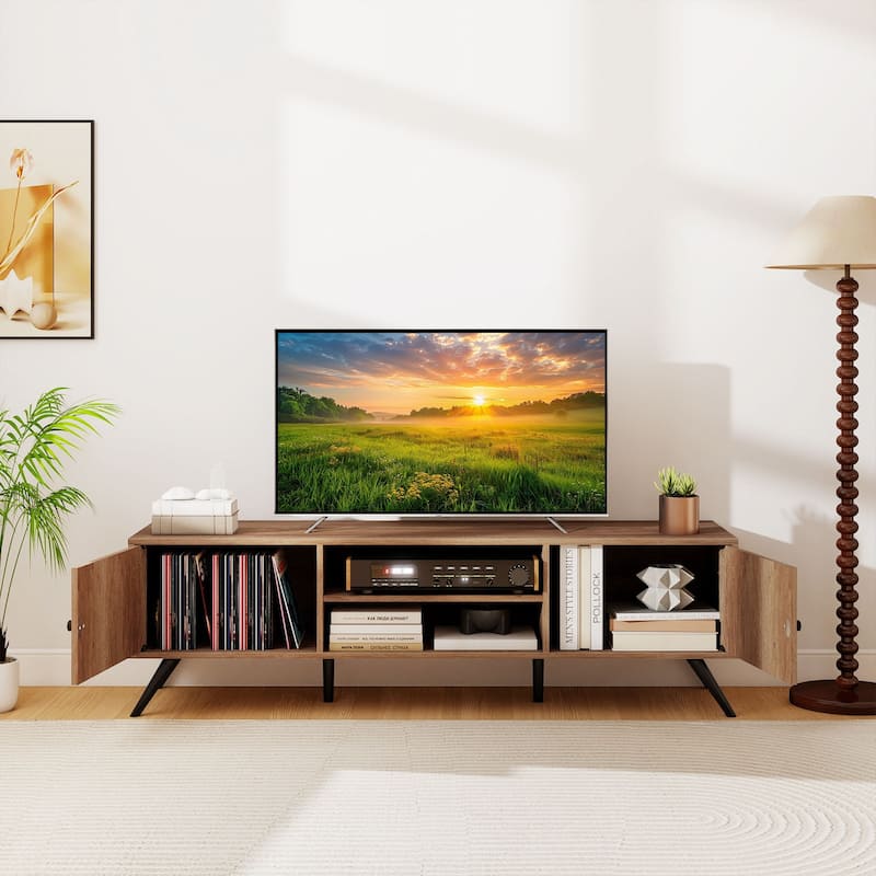 Gymax TV Stand w/2 Storage Cabinets & Open Shelves 6 Support Feet for