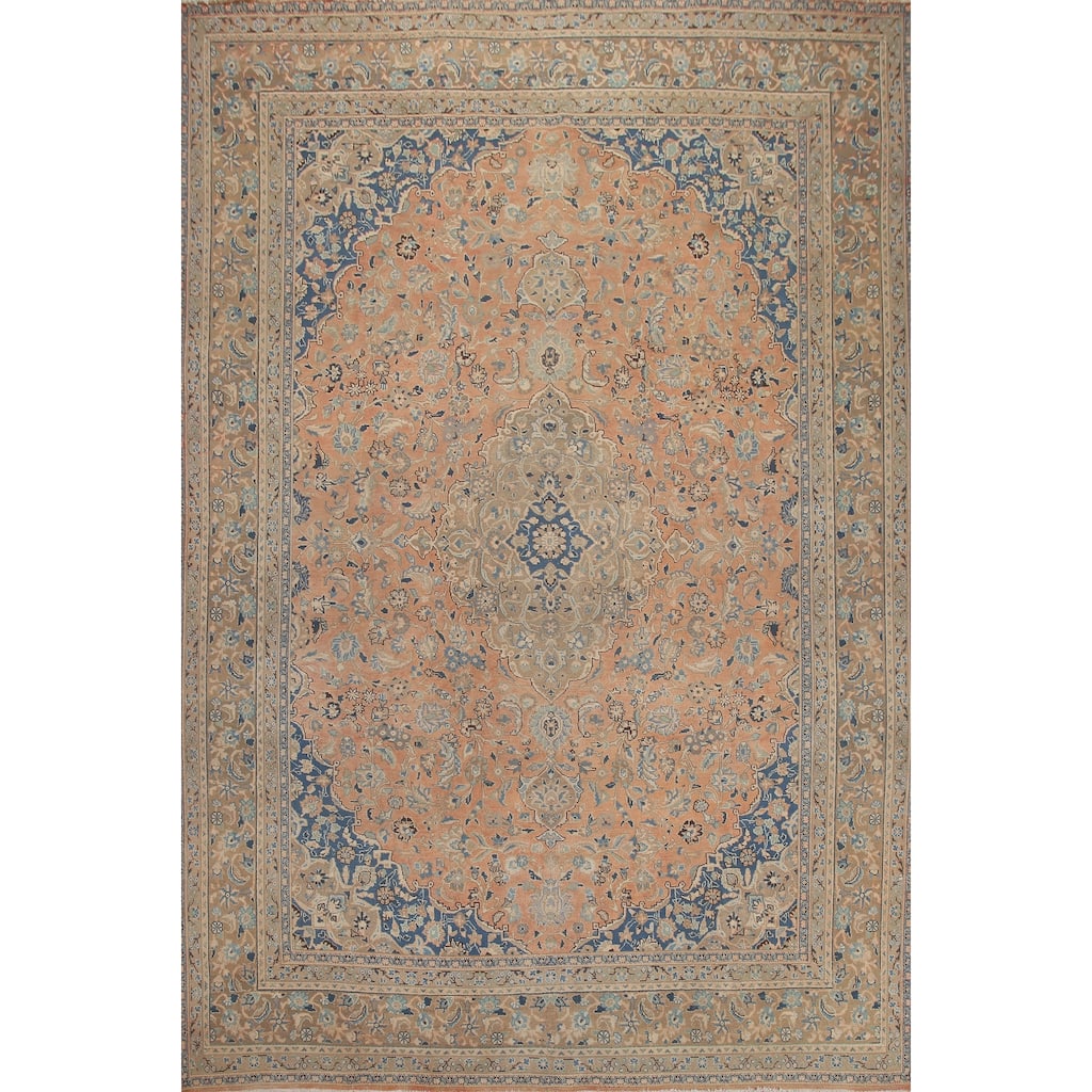 Hand Knotted Oriental 100% Wool Carpet Traditional Floral Oranges & Rust Mashad Area Rug - 12' 5'' X 9' 11''