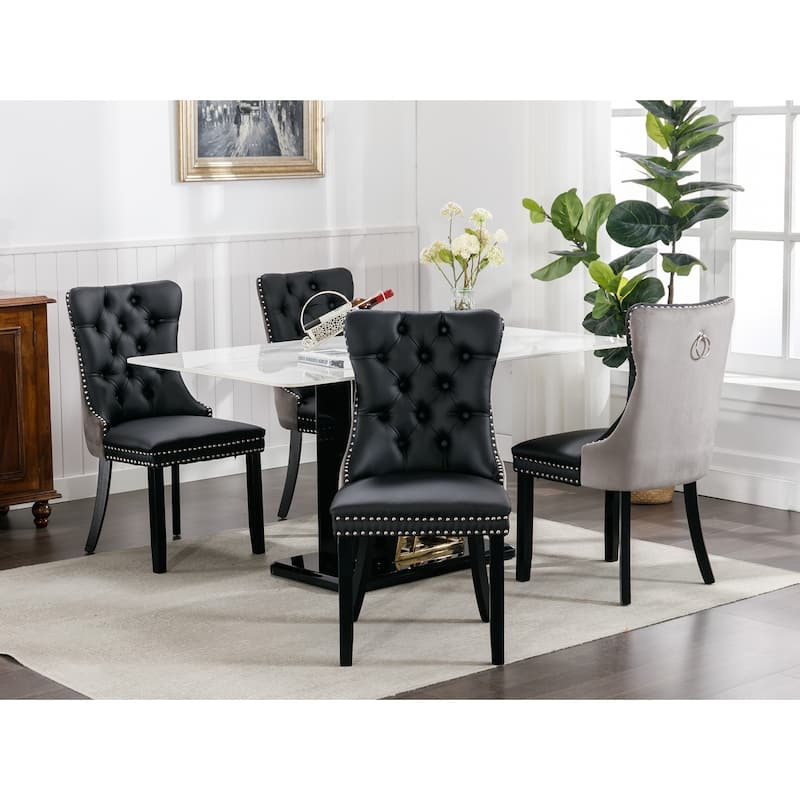 Faux Leather Upholstered Tufted Dining Chairs Set of 2, High Wingback Kitchen Chairs with Wood Legs and Nailhead Trim