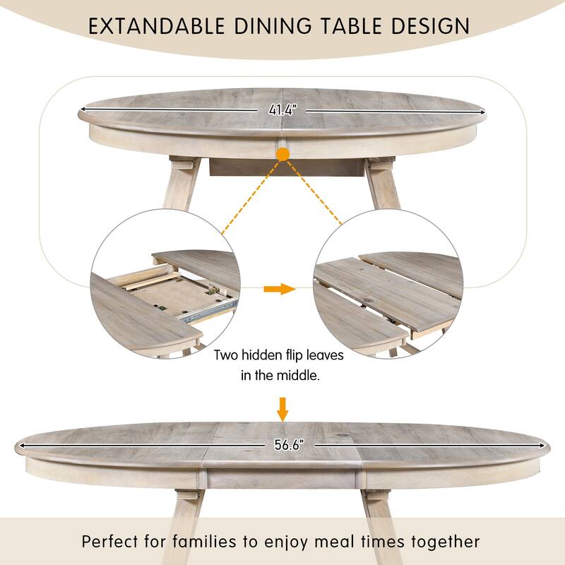 Wood Dining Table Extends From 41.4 " to 56.6", Round Dining Table with Hidden Flip Leaves, Kitchen Table with Rubber Wood Legs