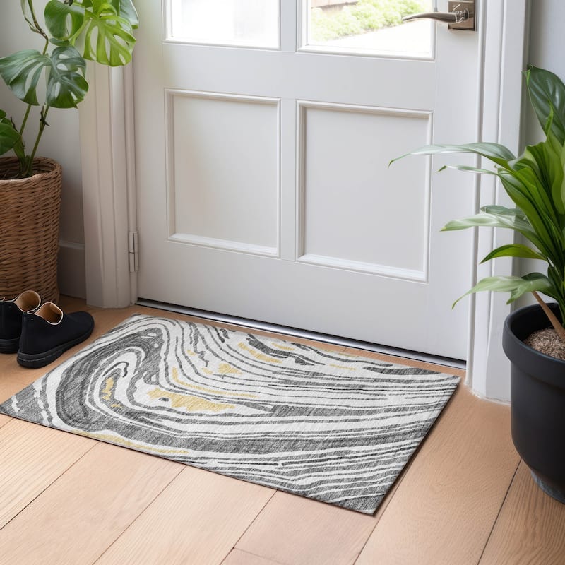 Machine Washable Indoor/ Outdoor Abstract Brushstrokes Chantille Rug - Gray - 1'8" x 2'6"
