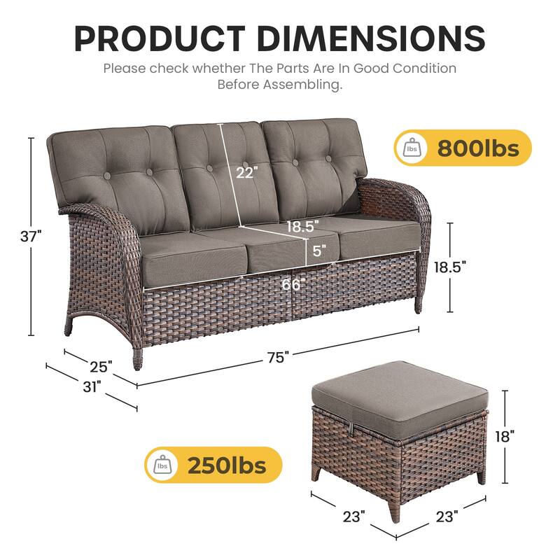 Gymojoy 3-Piece Outdoor Wicker Patio Furniture Set, 5" Thick Cushioned Rattan Sofa with Ottomans