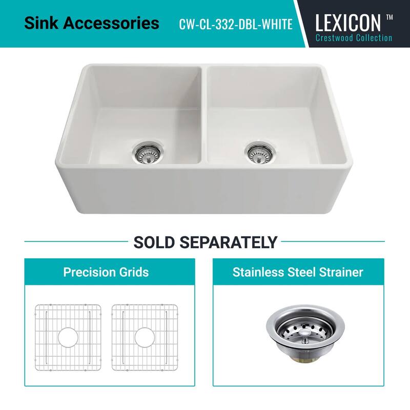 Crestwood 33" Classic Double Bowl Apron Fireclay Sink - White
