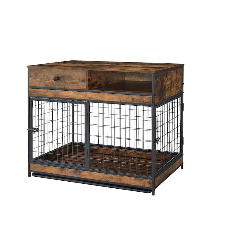 Roomfitters Dog Cage Crate with Two Doors and Drawer, Antique Brown