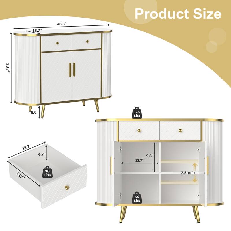 Meyreso 43" Luxury Fluted Sideboard Buffet Cabinet with 2 Drawers