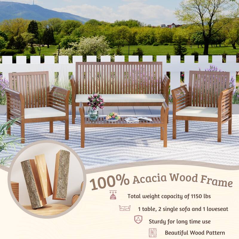 EROMMY 4-Piece Wood Patio Furniture Set with Waterproof Cushions, Outdoor Conversation Set for Garden Backyard Poolside