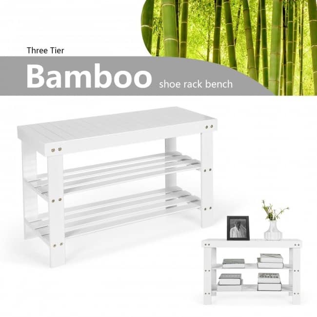 3 Tier Bamboo Bench Storage Shoe Shelf - 27.5" x 11" x 17.5" (L x W x H)