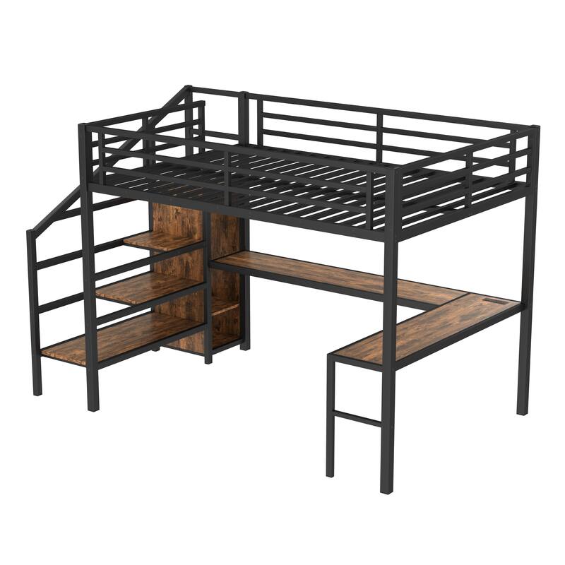 Queen Loft Bed with L-Shaped Desk - Metal Frame Features Wardrobe, Adjustable Shelf & USB/LED Lights