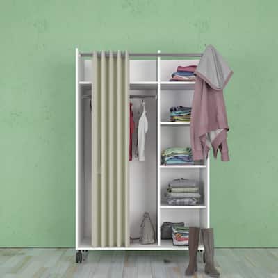 Porch & Den Camino White and Natural Fabric Mobile Curtained Storage Center