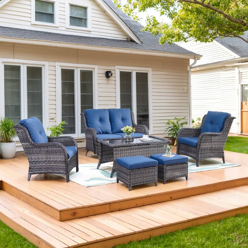 Outside Patio Chairs with Glider Sofa and Ottomans - Blue cushion - Grey - Blue - Grey