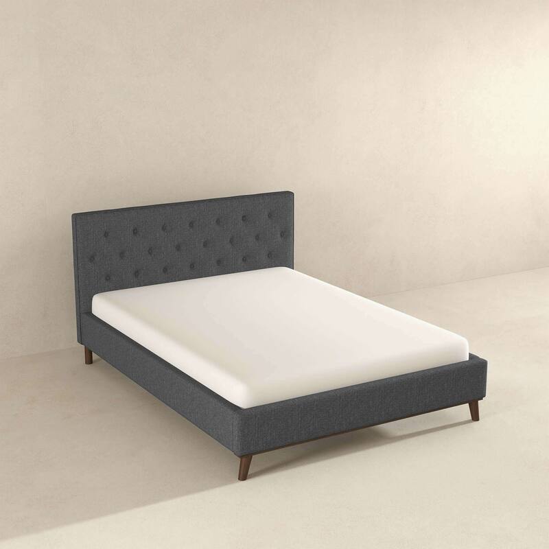 Queen Size Modern Upholstered Platform Bed with Tufted Headboard and Solid Wood Frame, Fabric Grey