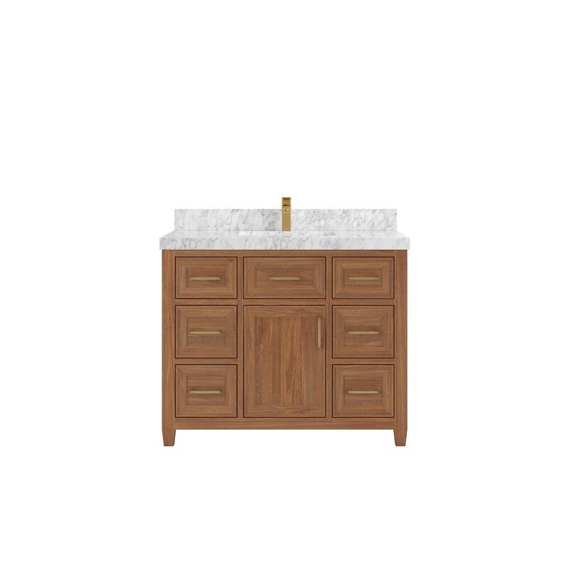 Willow Collections 42 in. W x 22 in. D Santa Monica Teak Single Sink Bathroom Vanity with Countertop - 2”Carrara Marble - Dark Natural Teak