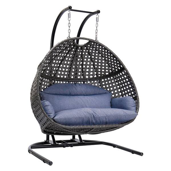 slide 2 of 15, Double-Seat Swing Chair with Stand and Cushion Black+Blue