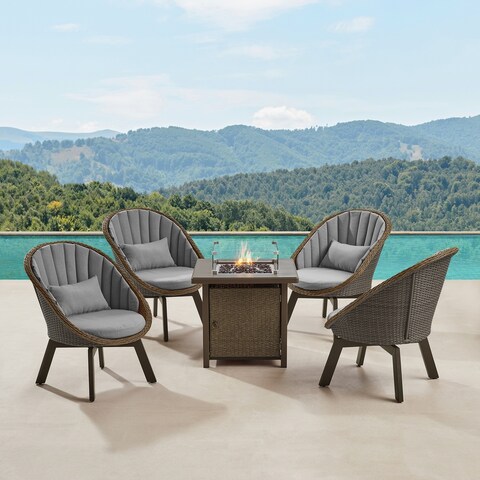 Art Leon Outdoor 5-piece Wicker Swivel Club Chair Set with Firepit