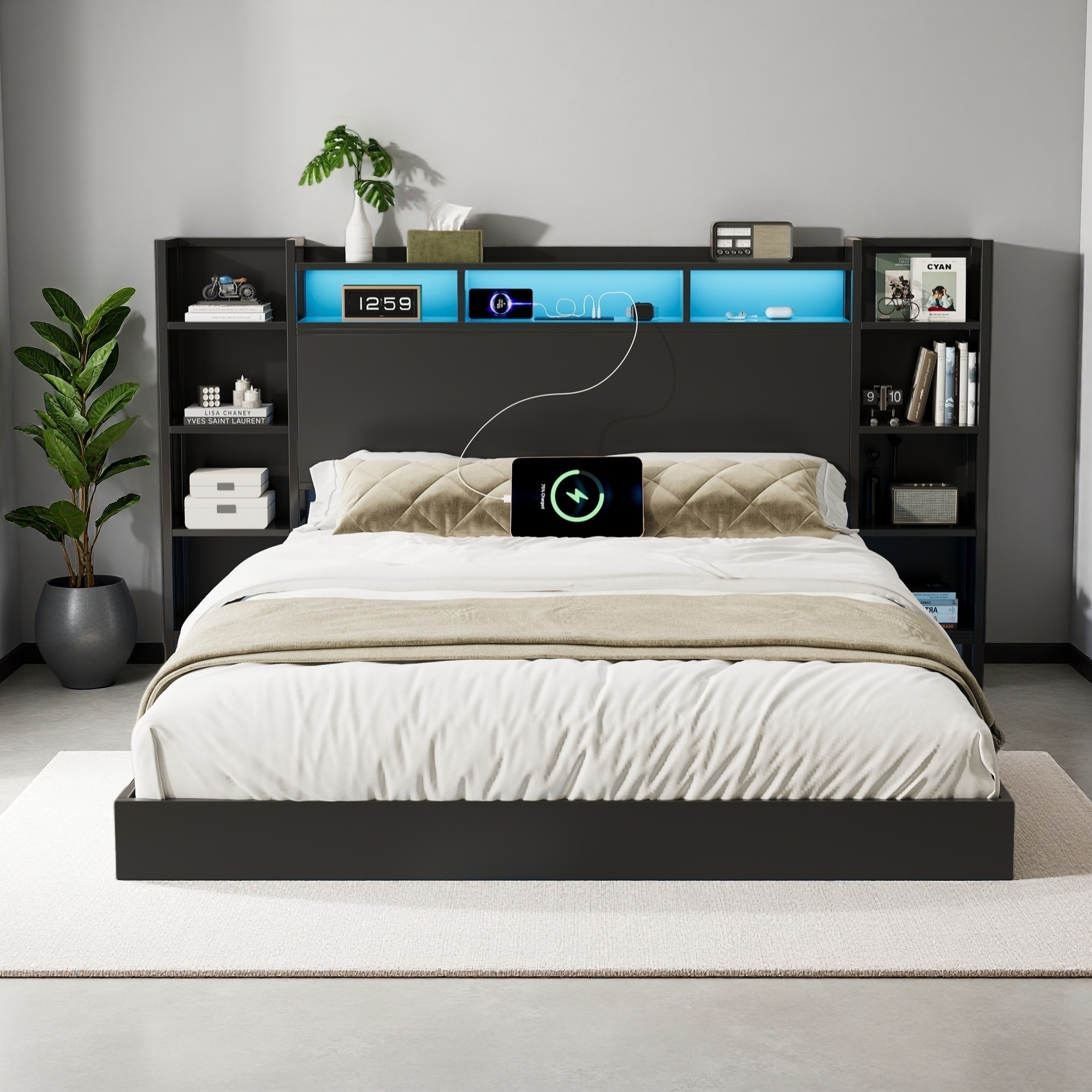 Metal Floating Platform Bed Frame with USB Charging Station, Storage Headboard, and LED Lights