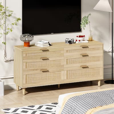 59" Rattan Storage Dresser‌ – 6-Drawer Bedroom Cabinet with Metal Handles & Wooden Legs – Versatile for Hallway, Living Room.